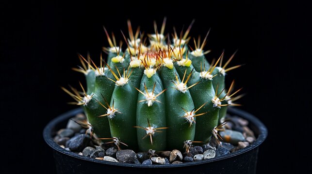 Spiky green cactus in stony pot