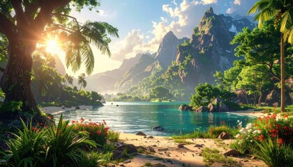 Tropical paradise beach with crystal clear turquoise water lush palm trees and majestic mountains under bright golden sunlight