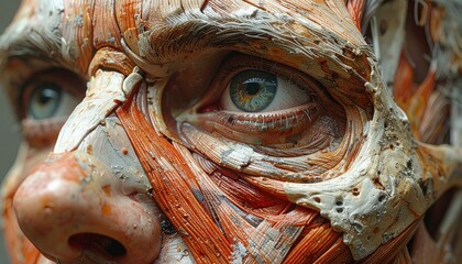 Highly detailed anatomical model of a human face showing the complex structure of muscles and tissues around the blue eye
