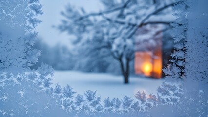 Intricate frost patterns on a windowpane with a blurred winter scene outside, featuring a snow-covered tree and a warm glowing light from a distant house.