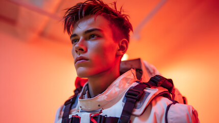Young man in futuristic white jacket with straps under red lighting