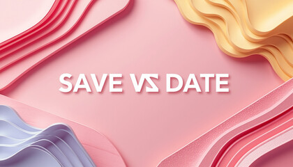 A colorful graphic with the words Save vs Date in white text on a pink background with wavy lines