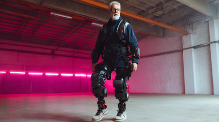 Senior man wearing advanced exoskeleton suit in a modern industrial space with neon lights
