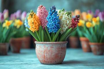 Interior design. Hyacinth plant with purple flowers on a white background. Potted spring plant.