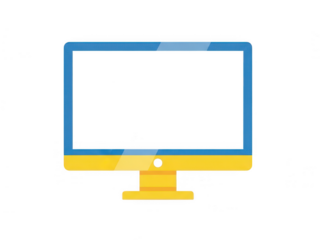 Modern desktop computer with blue screen and yellow base isolated on transparent background