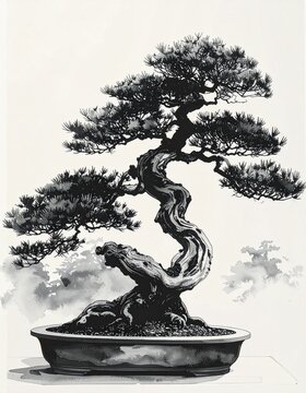 A beautiful brush-drawn ink painting of a bonsai in a Japanese garden　筆で描いた美しい日本庭園の盆栽の墨絵