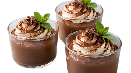 Delicious chocolate mousse desserts with whipped cream and mint