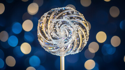 Crystal lollipop with sparkling texture on dark bokeh background, fantasy candy and luxury dessert concept with copy space.