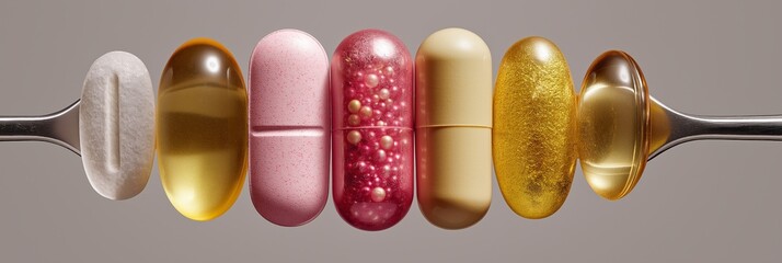 Colorful sparkling gel capsules representing health and beauty. Colorful sparkling transparent gel capsules creating a vibrant and clean health and wellness concept