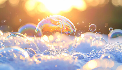夕陽にきらめく虹色シャボン玉と泡｜透明感・クリーンなスキンケア背景 / Iridescent soap bubbles on foam at golden sunset, sparkling clean skincare background