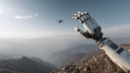 Robotic arm reaching for a drone in a vast mountain landscape