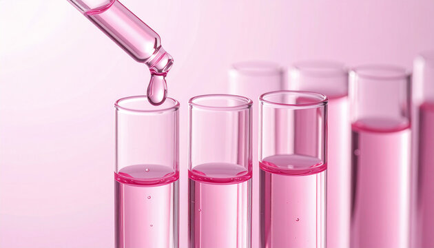 ピンク美容液の滴下と試験管｜ナイアシンアミド・コラーゲンを想起する研究室スキンケア背景 / Pink serum dropper and test tubes, skincare laboratory concept, cosmetic ingredient research