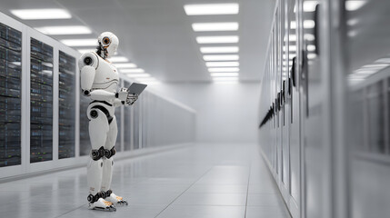 Advanced humanoid robot with tablet inspects server racks in a modern data center