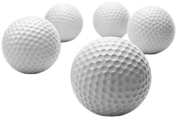 Several textured, spherical white golf balls constructed from durable Surlyn resin with a dimpled surface pattern, are dynamically arranged in a close-up, isolated on transparent background.