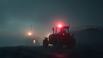 Tractor with flashing lights parked near a foggy industrial structure at dusk