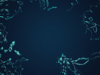 Abstract dark teal background featuring ethereal, glowing turquoise organic shapes and wispy floral patterns. Elegant, moody aesthetic with copy space in the center. Modern art.