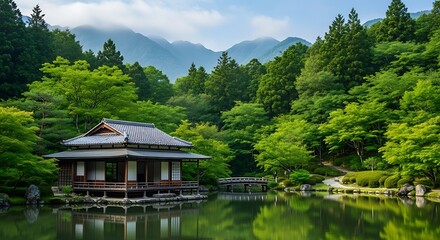Obraz premium Japanese Temple in Serene Landscape - A Tranquil Retreat.