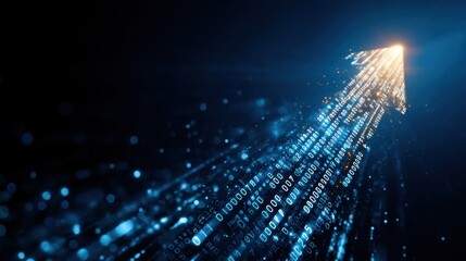 Futuristic Arrow Pointing Through Digital Data Stream with Binary Numbers in a Cutting-Edge Design