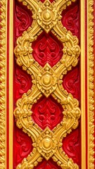 Fototapeta premium Intricate Golden Thai Carving on Red Background.