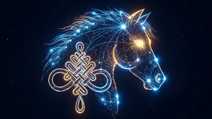 Digital constellation horse head with mystic knot symbol for spiritual Lunar New Year and astrology design