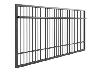 A vertical metal fence with evenly spaced bars against a white background isolated on transparent background
