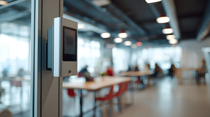 Modern office access control system mounted on glass partition with blurred background