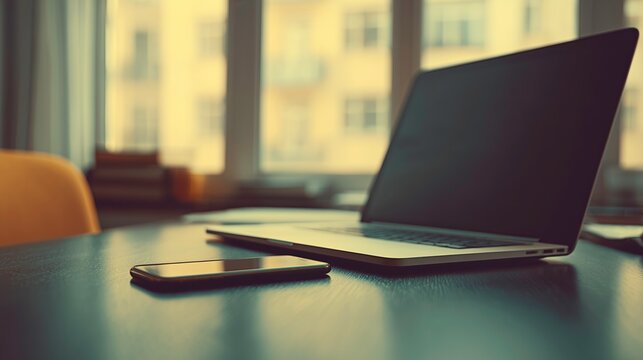 laptop and a smartphone on desk, morning office view