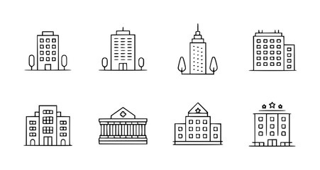 Collection of simple black outline building including skyscrapers and classical architecture