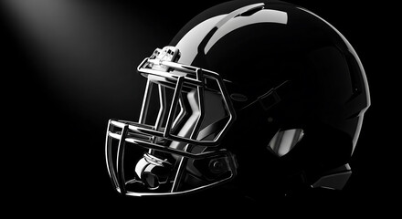 Glossy Black American Football Helmet with Chrome Facemask - Sport Safety Gear Concept