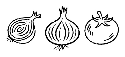 Hand drawn black outline of vegetables onion tomato isolated white background food ingredient