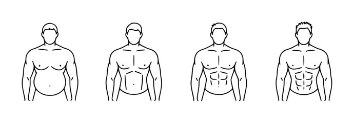 Male body types from overweight to muscular with defined abs shown in simple shape figure