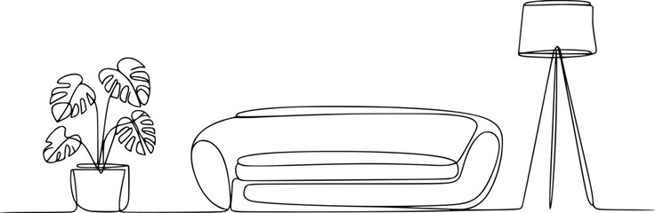 Minimalist continuous of a monstera plant and sofa with a tripod floor lamp