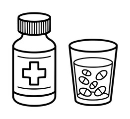 Outline of a medicine bottle with a cross symbol and a glass of pills
