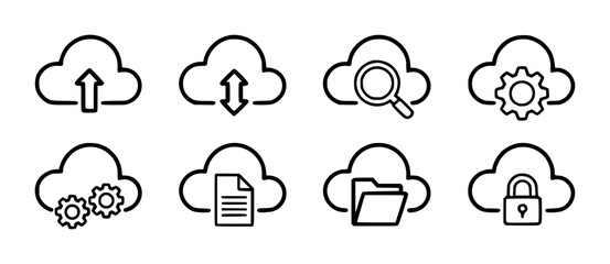 Set of black outline cloud representing upload download search settings file folder and security transfer