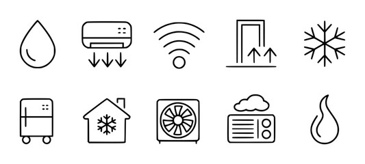 Set of black outline representing climate control and home appliances