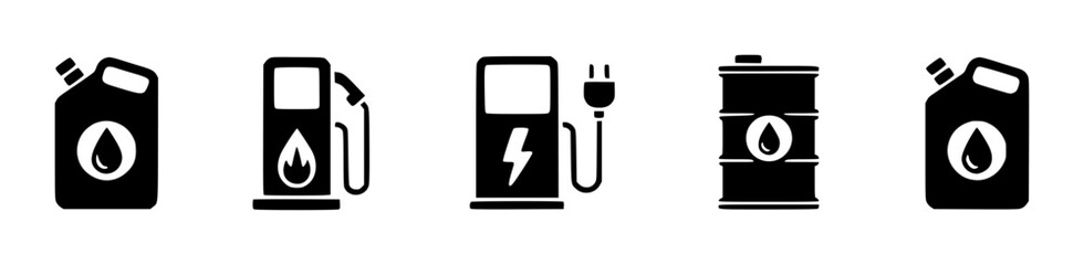 Set of black representing fuel and energy sources including jerrycans gas pump electric charging station and oil barrel