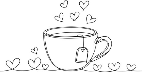 Single of a teacup with a tea bag and hearts floating and surrounding it love drink