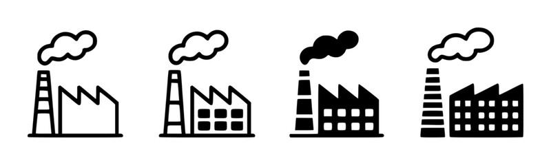 Stylized black and white factory with smoke plumes emanating from chimneys industry building