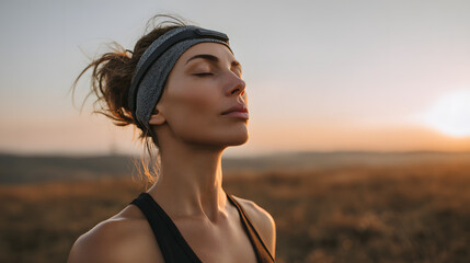 Woman with headband meditating outdoors at sunset, breathing deeply and finding peace