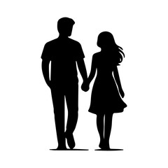 Romantic Couple Walking Hand in Hand, Minimalist Silhouette Vector