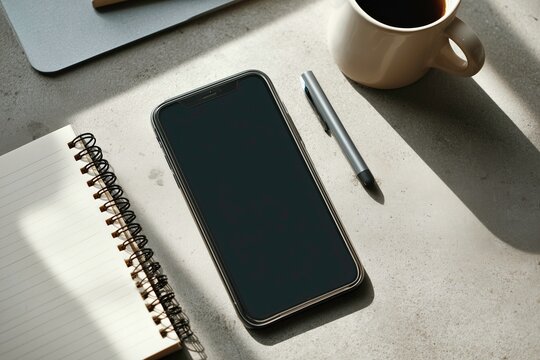 flat lay, smartphoneand paper notebook on modern desk, minimal business workspace, natural light