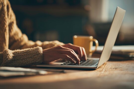woman freelancer working from home, warm atmosphere, hands closeup, typing on the keyboard