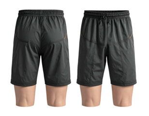Two views of dark grey athletic shorts on mannequins