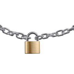 Golden Padlock Securing a Silver Chain Keywords: padlock, lock, security, safety, protection isolated on a transparent background