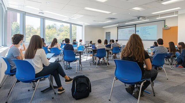 Sunlit Modern Classroom: Diverse Students Engaged in a University Lecture with Laptops.