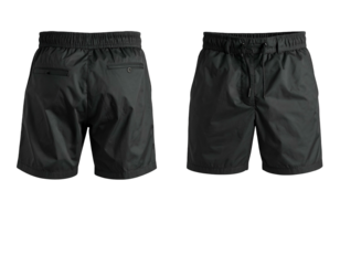 Black athletic shorts with drawstring, two views