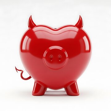 Red devil piggy bank with horns and tail for saving money