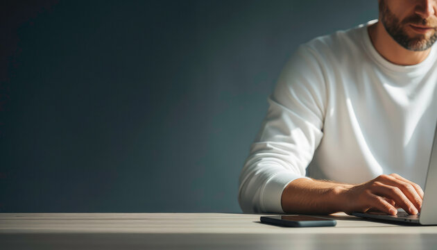 Young man working on a laptop at a clean modern desk, minimal workspace and dark background, concept of productivity and concentration.