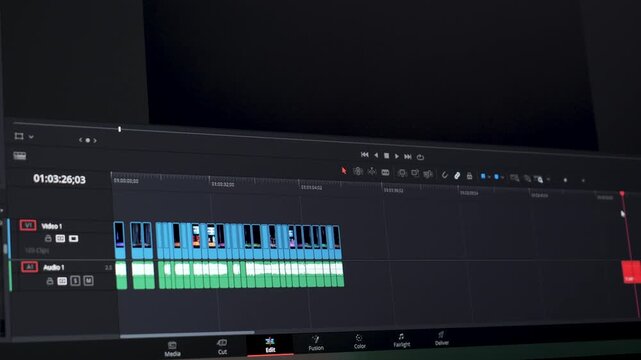 Video editing timeline interface on computer screen, Digital postproduction workspace with clips arranged on timeline