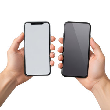 Hands holding smartphones comparison isolated on transparent background
